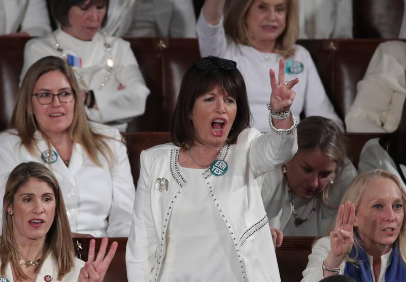 Rep. Jackie Speier ( D-CA) leads HR3 chant during US President Donald Trump's State of the Union address to a joint session of the US Congress in the House Chamber of the US Capitol in Washington, US. Reuters