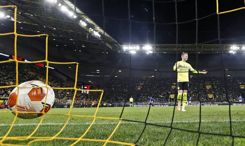 Dortmund's Marco Reus after Rangers' Alfredo Morelos scored in their Europa League play-off. AP