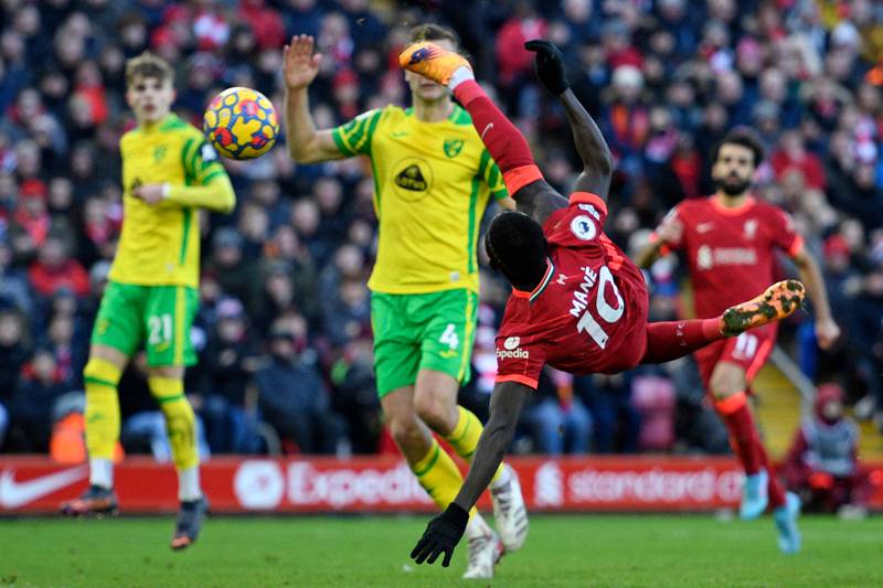 Liverpool's striker Sadio Mane scores the first goal against Norwich City at Anfield. AFP