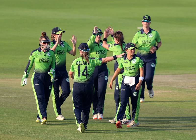 Ireland's Arlene Kelly takes the wicket of Zimbabwe's Sharne Mayers. 