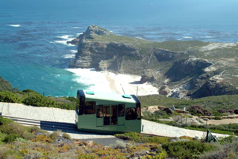 The Flying Dutchman Funicular railway backdrop of Diaz Beach Cape of Good Hope. Image from 2005.