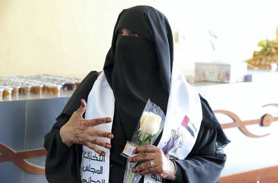 RAK,  UNITED ARAB EMIRATES , OCTOBER 5 – 2019 :- Aiysha Al Shahhi after casting her vote for the FNC elections held at the RAK Exhibition Center in Ras Al Khaimah. ( Pawan Singh / The National ) For News. Story by Ruba