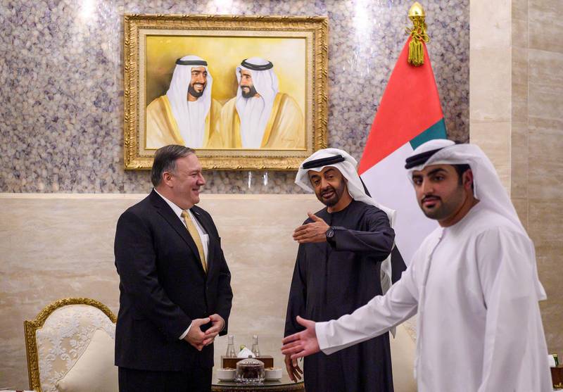 Sheikh Mohammed bin Zayed welcomes Mike Pompeo in Abu Dhabi. Andrew Caballero-Reynolds / Reuters