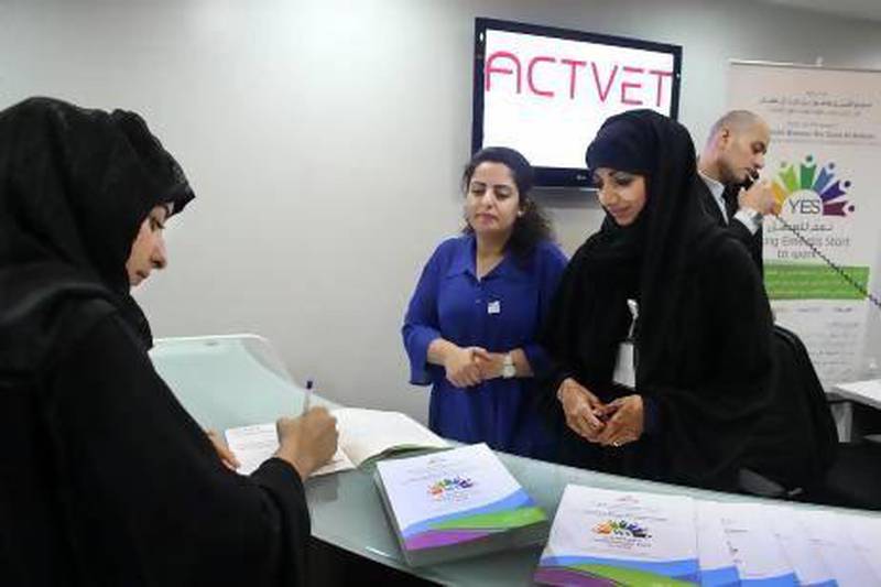 Hamda Ali Almarzooqi (second from right) was among those who registered for a new programme by Absher, Young Emiratis Start to Work, that offers summer jobs for Emiratis for three weeks. Delores Johnson / The National