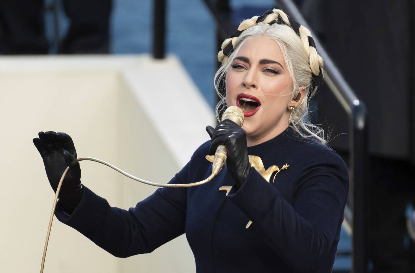 Lady Gaga wore Schiaparelli to sing at Joe Biden's inauguration. AP 