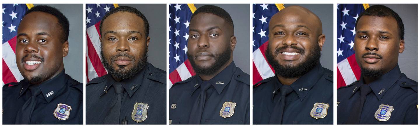 Cette combinaison d'images fournies par le département de police de Memphis montre, de gauche à droite, les agents Tadarrius Bean, Demetrius Haley, Emmitt Martin III, Desmond Mills Jr et Justin Smith.  PA