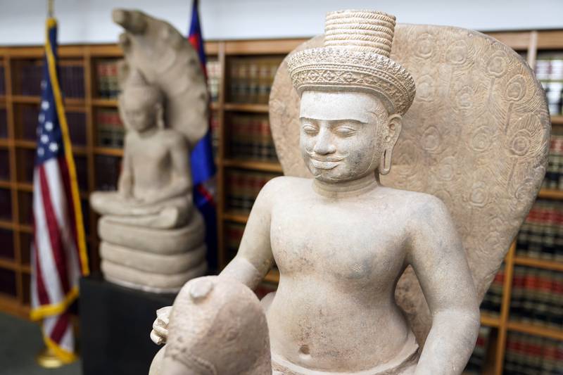 Some of the Cambodian antiquities recovered by the US Attorney's Office on display. AP