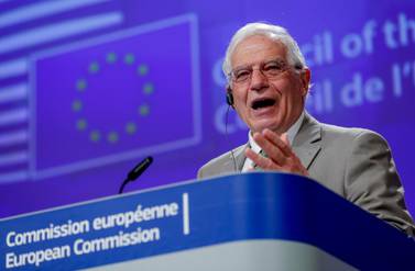 European Union foreign policy chief Josep Borrell speaks to the media through video conference in Brussels on Wednesday. AP