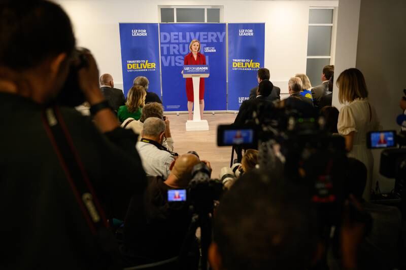 British Foreign Secretary Liz Truss spoke to supporters and journalists as she launched her campaign to become the next Prime Minister in London on Thursday. Getty Images
