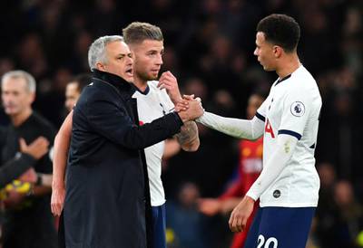 Tottenham manager Jose Mourinho with Toby Alderweireld and Dele Alli after the match. Reuters