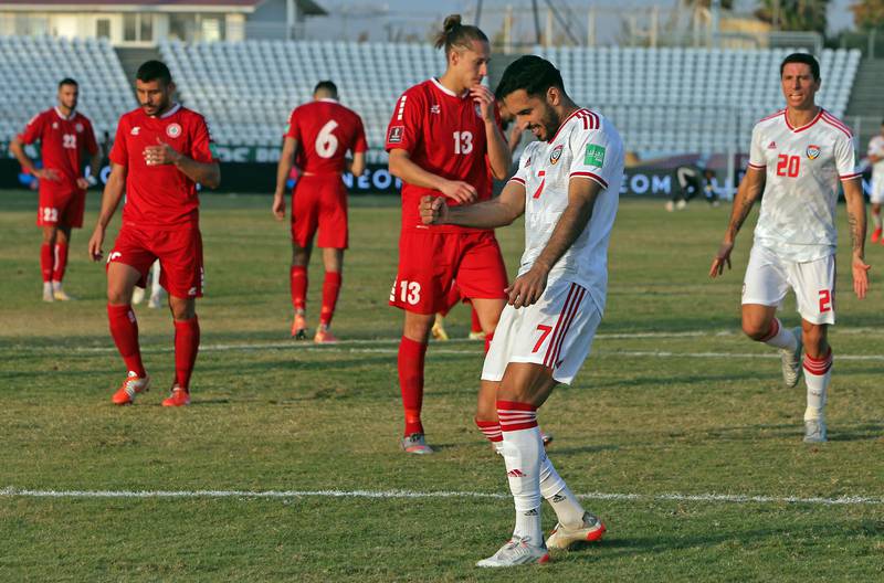 UAE forward Ali Mabkhout celebrates after scoring the late winner against Lebanon during the World Cup qualifer in Sidon on Tuesday, November 16