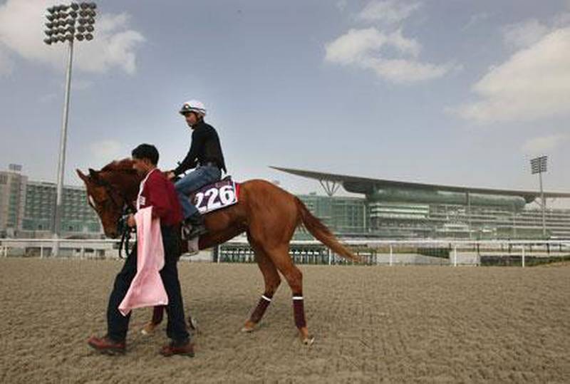 Four years after construction began, Dubai's Meydan Racecourse will host its first race tonight. Above, a jockey gets a preview of the synthetic track yesterday.