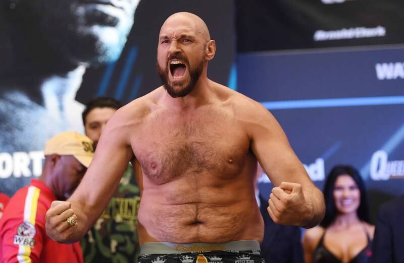 Tyson Fury poses during the weigh-in. EPA