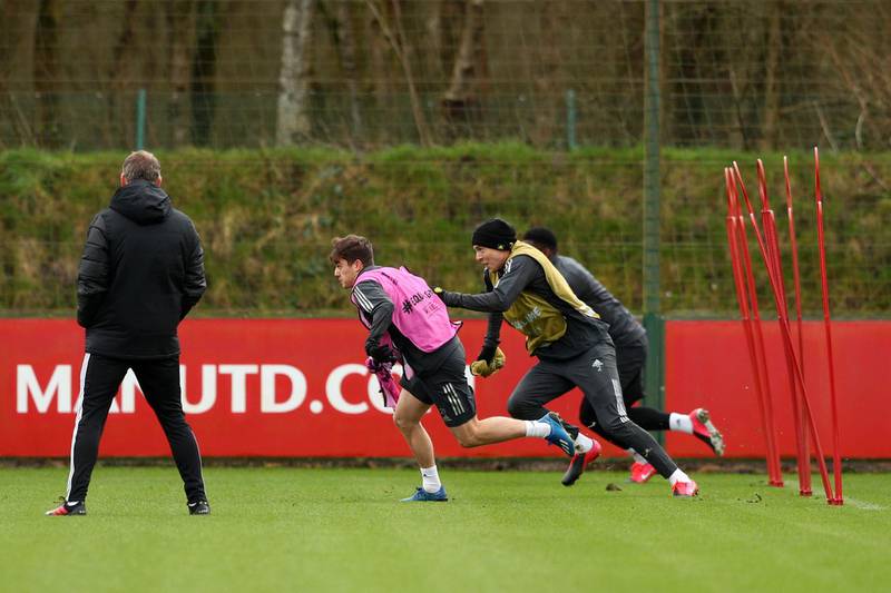 Daniel James and Victor Lindelof during a training session at the Aon Training Complex. Getty Images