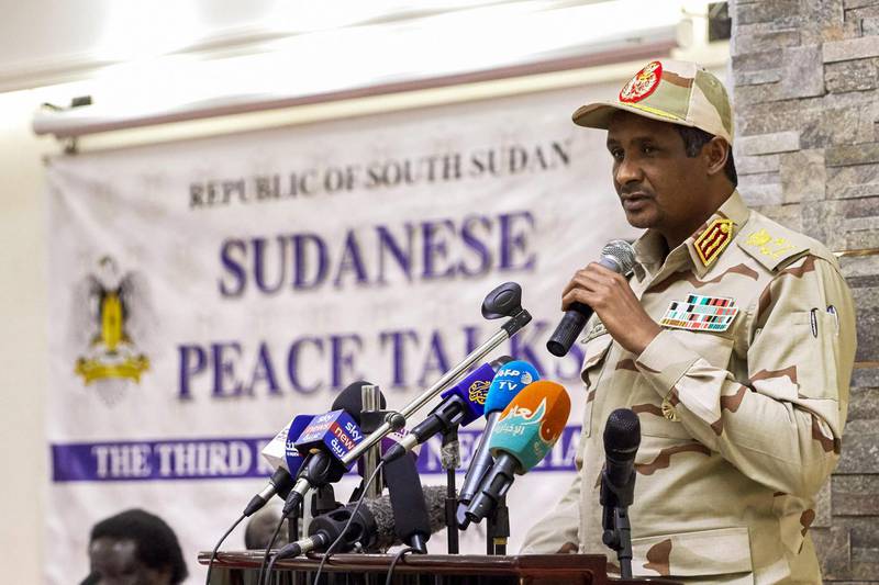 Mohamed Hamdan Daglo "Hemeti", Sudan's deputy head of the Transitional Military Council, speaks during the opening ceremony of the third round of Sudanese peace talks in Juba, South Sudan.  AFP