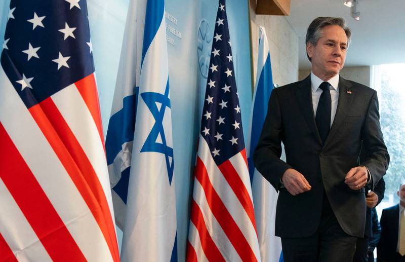 US Secretary of State Antony Blinken arrives to give a news conference with Israel’s Foreign Minister Yair Lapid, at Israel’s Ministry of Foreign Affairs in Jerusalem, on March 27, 2022.  POOL/AFP