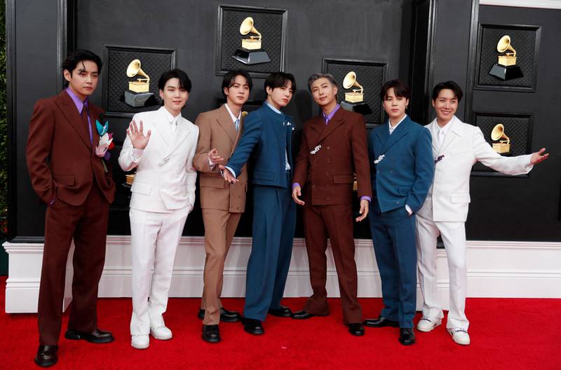 BTS pose on red carpet of 64th Annual Grammy Awards at the MGM Grand Garden Arena in Las Vegas, Nevada on April 3, 2022. Reuters 