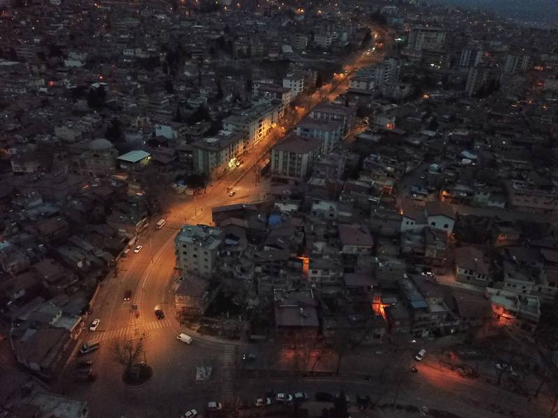 A lit main road amid darkness in Kahramanmaras, one month after the 7.8-magnitude earthquake struck south-east Turkey, as well as neighbouring Syria. AFP