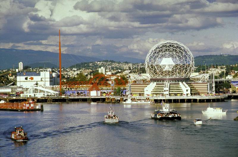 View of city hosting 'Expo '86' World Fair including exposition site with large dome along waterfront on False Creek.  (Photo by Ben Martin/Getty Images)