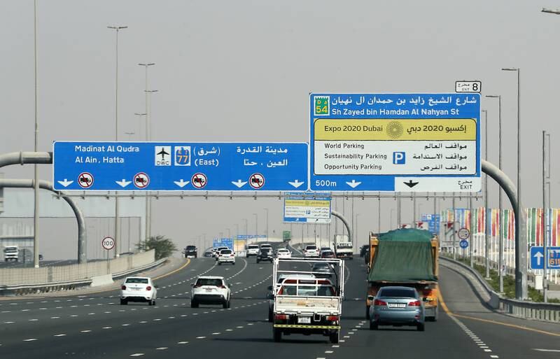 Expo 2020  signs placed on major roads in Dubai. Pawan Singh /  The National.