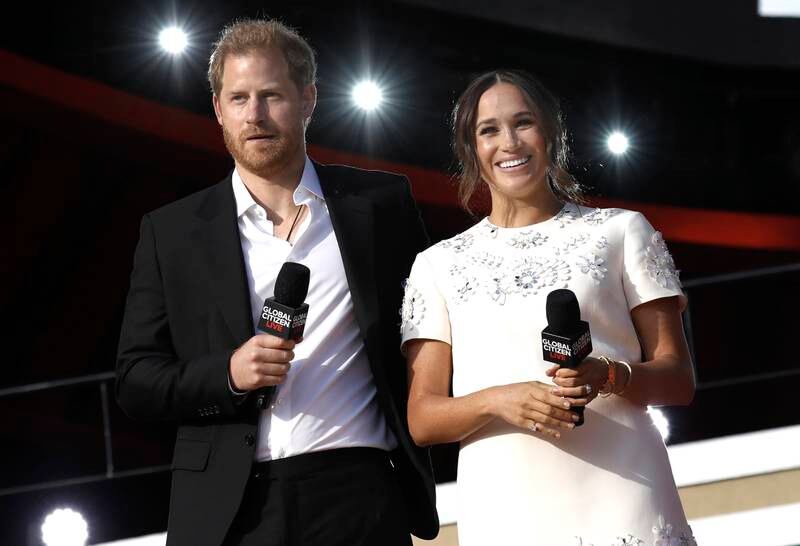 Britain's Prince Harry, Duke of Sussex and his wife Meghan, Duchess of Sussex speak to the crowd at the Global Citizen Live Festival in Central Park in New York on September 25, 2021.  EPA 