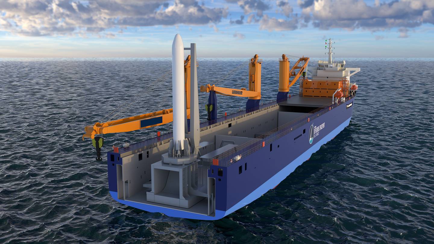 The rocket would be raised and fired from the back of a ship, under the concept by the German Offshore Spaceport Alliance. Photo: German Offshore Spaceport Alliance