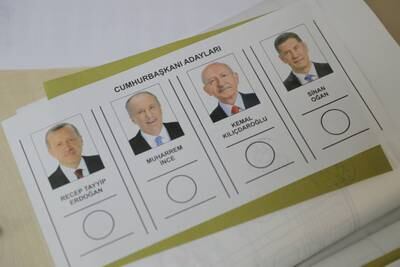 A ballot paper with Mr Erdogan, Muharrem Ince, Mr Kilicdaroglu and Sinan Ogan. Getty