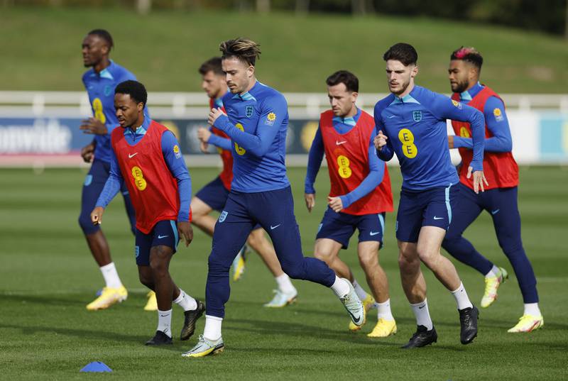 England's Raheem Sterling, Jack Grealish and Declan Rice during training. reuters