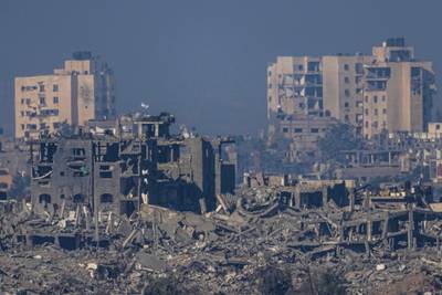 Israeli flags on the top of destroyed buildings in the Gaza Strip. AP 