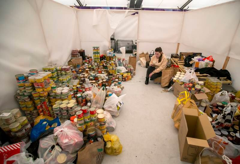 Supplies for Ukrainian refugees at one of three camps set up at the MoldExpo exhibition center, in Chisinau, Moldova. EPA