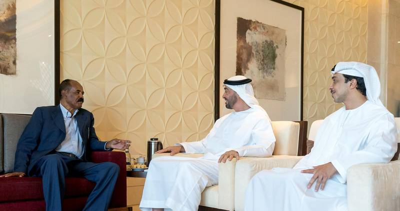 ABU DHABI, UNITED ARAB EMIRATES - September 09, 2019:(HH Sheikh Mohamed bin Zayed Al Nahyan, Crown Prince of Abu Dhabi and Deputy Supreme Commander of the UAE Armed Forces (2nd R) meets with HE Isaias Afwerki, President of Eritrea (L). Seen with HH Sheikh Mansour bin Zayed Al Nahyan, UAE Deputy Prime Minister and Minister of Presidential Affairs (R).

( Mohamed Al Hammadi / Ministry of Presidential Affairs )
---