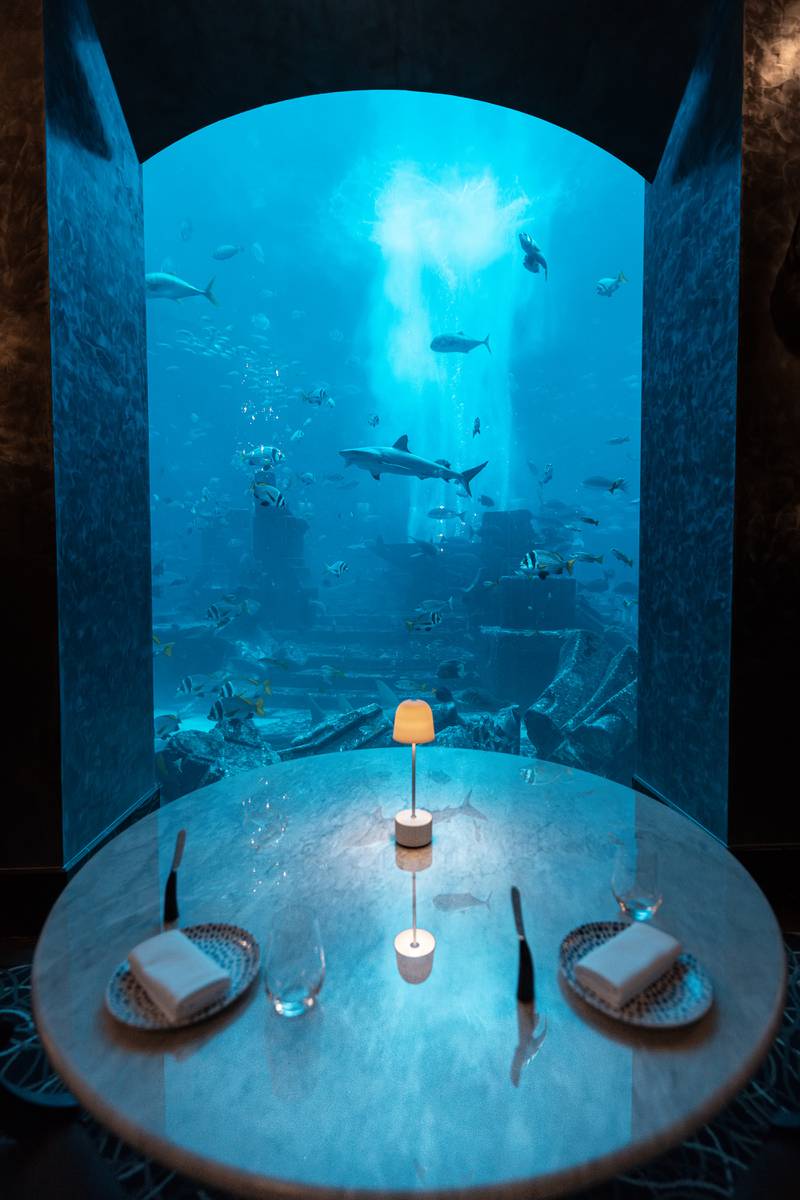 Views of the aquarium from a table at Ossiano. Photo: Atlantis, The Palm