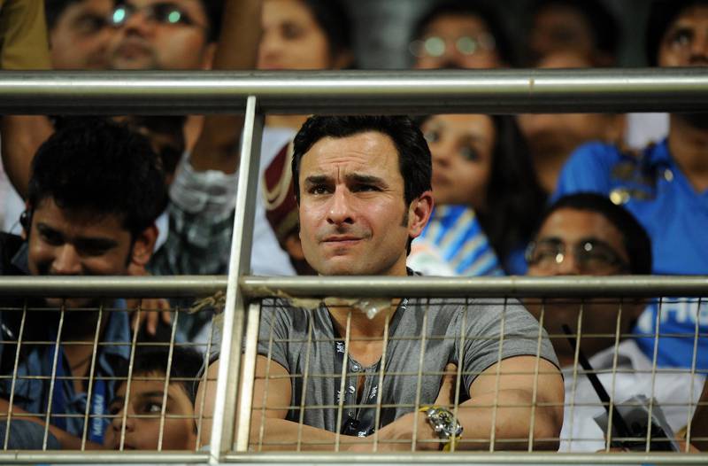 Indian Bollywood actor Saif Ali Khan watches the IPL Twenty20 cricket match between Rajasthan Royals and Mumbai Indians at The Wankhede Stadium in Mumbai on April 11, 2012.  RESTRICTED TO EDITORIAL USE. MOBILE USE WITHIN NEWS PACKAGE    AFP PHOTO/Indranil MUKHERJEE (Photo by INDRANIL MUKHERJEE / AFP)