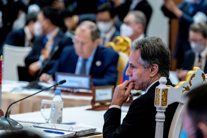US Secretary of State Antony Blinken, foreground, and Russian Foreign Minister Sergey Lavrov at a foreign ministers meeting in Cambodia. Reuters