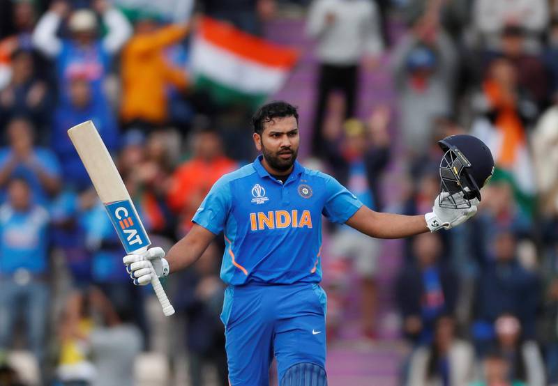 Cricket - ICC Cricket World Cup - South Africa v India - The Ageas Bowl, Southampton, Britain - June 5, 2019   India's Rohit Sharma celebrates reaching a century                 Action Images via Reuters/Paul Childs