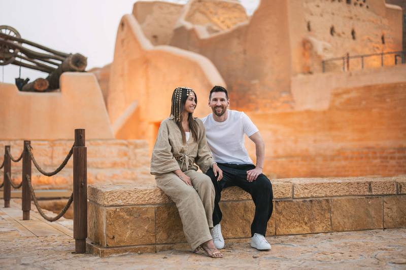 Argentina's Lionel Messi and his wife Antonela Roccuzzo visit Diriyah, the birthplace of Saudi Arabia. Photo: Saudi Tourism Authority  /  AFP