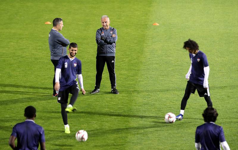 ABU DHABI , UNITED ARAB EMIRATES , January 2 ��� 2019 :-  Alberto Zaccheroni , coach of UAE football team ( center ) during the training session ahead of AFC Asian Cup UAE 2019 held at New York University in Abu Dhabi. ( Pawan Singh / The National ) For Sports