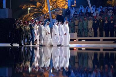 ABU DHABI, UNITED ARAB EMIRATES - November 30, 2019: ABU DHABI, UNITED ARAB EMIRATES - November 30, 2019: (front L-R) HH Sheikh Mohamed bin Rashid Al Maktoum, Vice-President, Prime Minister of the UAE, Ruler of Dubai and Minister of Defence, HH Sheikh Humaid bin Rashid Al Nuaimi, UAE Supreme Council Member and Ruler of Ajman, HH Sheikh Saud bin Saqr Al Qasimi, UAE Supreme Council Member and Ruler of Ras Al Khaimah, HH Sheikh Hamad bin Mohamed Al Sharqi, UAE Supreme Council Member and Ruler of Fujairah, HH Sheikh Saud bin Rashid Al Mu'alla, UAE Supreme Council Member and Ruler of Umm Al Quwain,  attend a Commemoration Day ceremony at Wahat Al Karama, a memorial dedicated to the memory of UAE’s National Heroes in honour of their sacrifice and in recognition of their heroism.

( Hamad Al Mansoori for Ministry of Presidential Affairs )
---