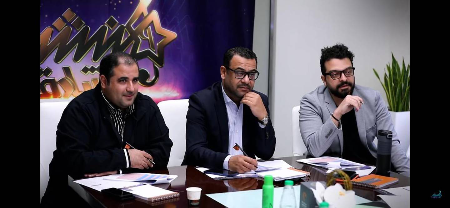 The three vocal trainers in the Munshid Al Sharjah programme, from left, Mustafa Hamdo, Waseem Faris and Sherif Mohsen