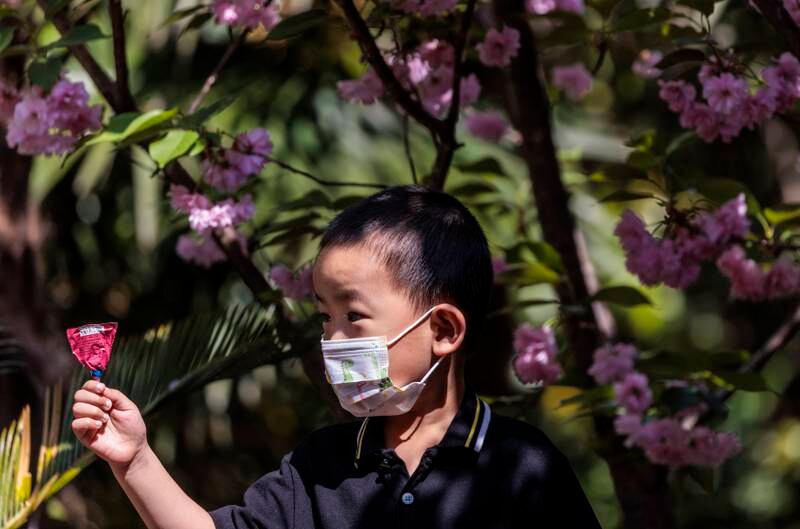 A boy who was in quarantine for 12 days comes outside for a Covid-19 test in Shanghai. EPA