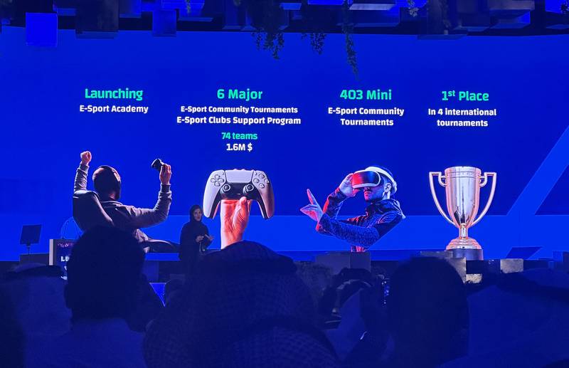 Rawan Al Butairi, senior director of international affairs at the Saudi Esports Federation, addresses the Leap technology exhibition in Riyadh on Wednesday. Alvin R Cabral / The National