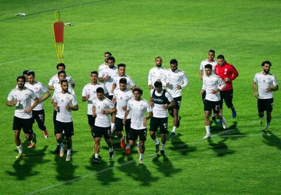 Egypt players jog during a training session for the Egypt national team in Cairo ahead of the Africa Cup of Nations qualification match against Kenya.