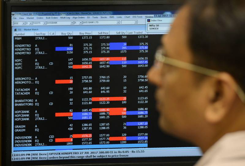 An Indian stockbroker trades shares on a terminal as the benchmark share index SENSEX crosses 32,000 points at a brokerage house in Mumbai on July 13, 2017. / AFP PHOTO / PUNIT PARANJPE