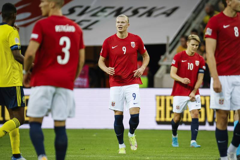 Erling Haaland celebrates after scoring during the Nations League match between Sweden and Norway. AP