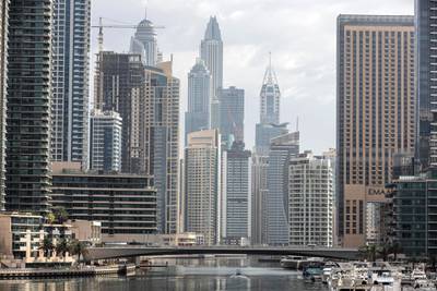 DUBAI, UNITED ARAB EMIRATES. 16 APRIL 2020. Rain that fell overnight in Dubai with the possibility of ongoing showers during the day. A hazy view of the Dubai Marina canal. (Photo: Antonie Robertson/The National) Journalist: STANDALONE. Section: National.