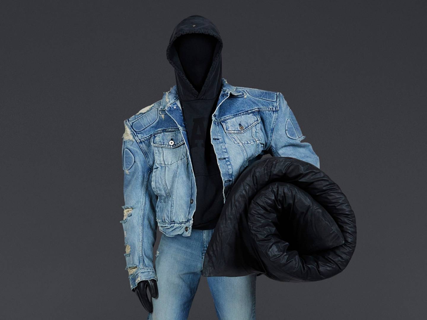 A distressed jacket and jeans from the first drop of the Yeezy Gap Engineered by Balenciaga collection. Photo: Gap