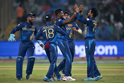 Sri Lanka's players celebrate after the dismissal of Afghanistan's Rahmanullah Gurbaz. AFP