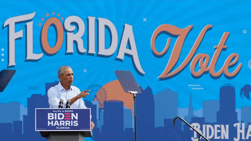 Former President Barack Obama speaks at a rally while campaigning for Democratic presidential candidate former Vice President Joe Biden Tuesday, Oct. 27, 2020, in Orlando, Florida. AP Photo