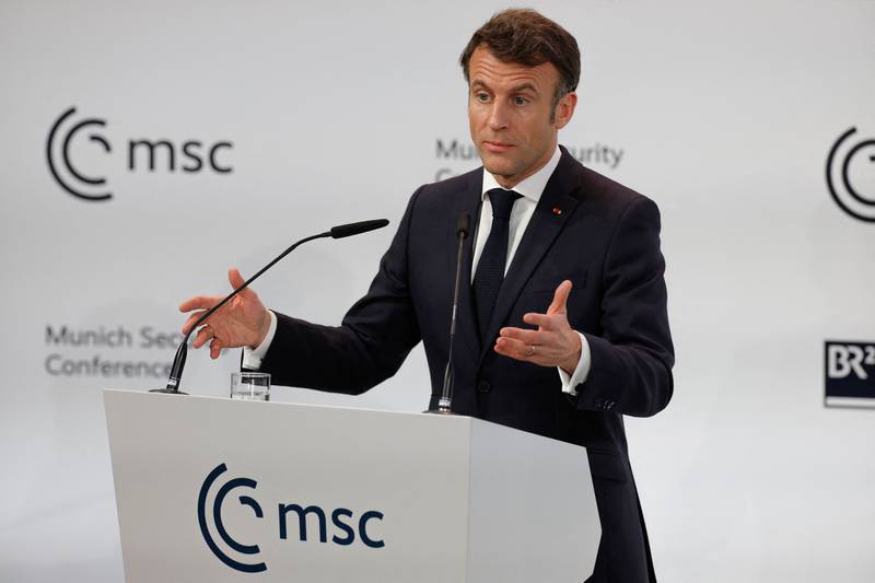 Mr Macron delivers a speech. AFP
