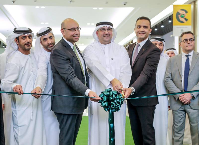 Abu Dhabi, April 24, 2019.Majid Al Futtaim is set to welcome visitors to My City Centre Masdar, its first ever lifestyle destination in the capital, on April 24.  The opening of the mall will be the company’s 25th shopping mall operating in the region. --  (L-R) Ali Al Abdulla, Head of Community, Neighbourhood Malls Development & Government Affairs; Hamad Al Lawati, Community Malls Senior Manager, Majid Al Futtaim; Ahmed Galal Ismail, CEO Majid Al Futtaim - Properties; Mohamed Jameel Al Ramahi, Chief Executive Officer of Masdar, Abu Dhabi Future Energy Company; Hani Weiss, CEO Majid Al Futtaim - Retail; Ghaith Shocair, CEO Shopping Malls at Majid Al Futtaim - Properties; Khaled Abu-Nasrah, CEO Project Management Business Unit - Majid Al Futtaim - PropertiesVictor Besa/The National Section: WKReporter:  Sophie Prideaux
